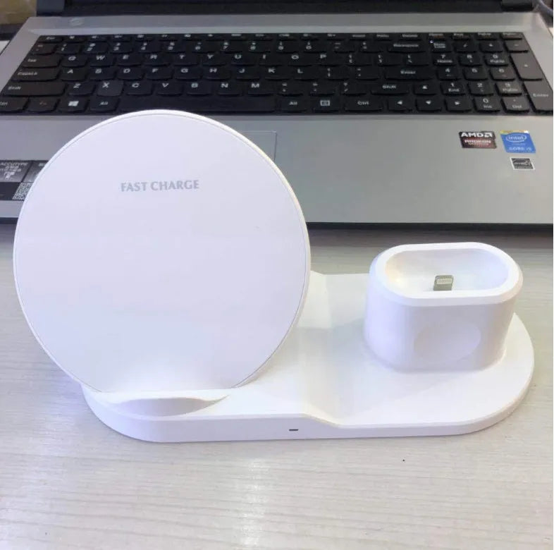 3 in 1 wireless charger stand in black holding a phone, smartwatch, and headphones