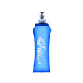 Blue sports soft water bottle with silicone lid on outdoor ground