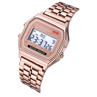 WR F91W Steel Band Electronic Watch with square dial and stainless steel strap