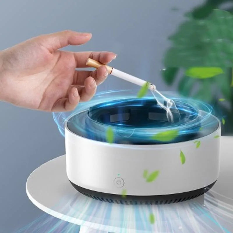 Grey electronic ashtray air purifier with cigarette grooves and a compact design.