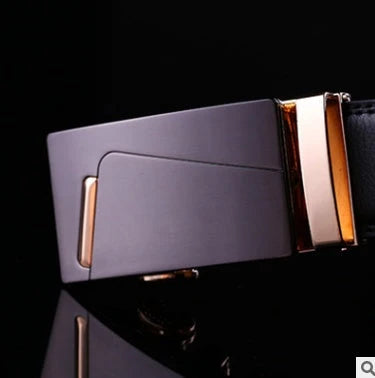 Men's automatic buckle leather belt with gold buckle head, 3.55cm width