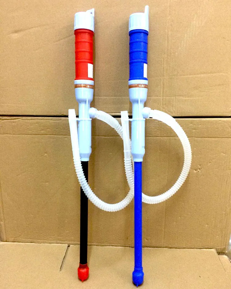 Blue manual hand siphon pump for fuel and oil transfer with PP construction.