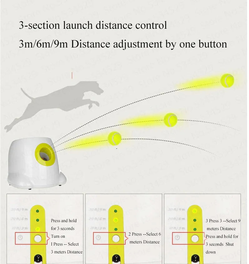 Yellow automatic dog ball launcher with three launch distances, ABS material, 30cm size
