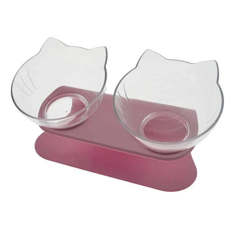 Cat Double Bowl with 15° tilt design for cervical support, transparent cat head and ears, food-grade plastic