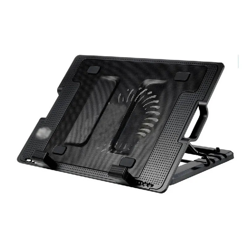 Black notebook cooler with 14cm LED fan, metal mesh surface, two adjustable props and dual USB ports