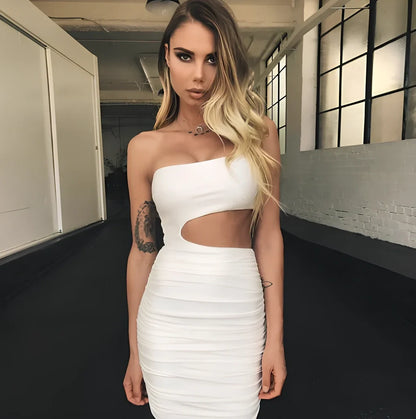 Slim one-shoulder mini dress in black polyester with wrapped chest, hollow sides, short 40cm length, sizes XS-XL