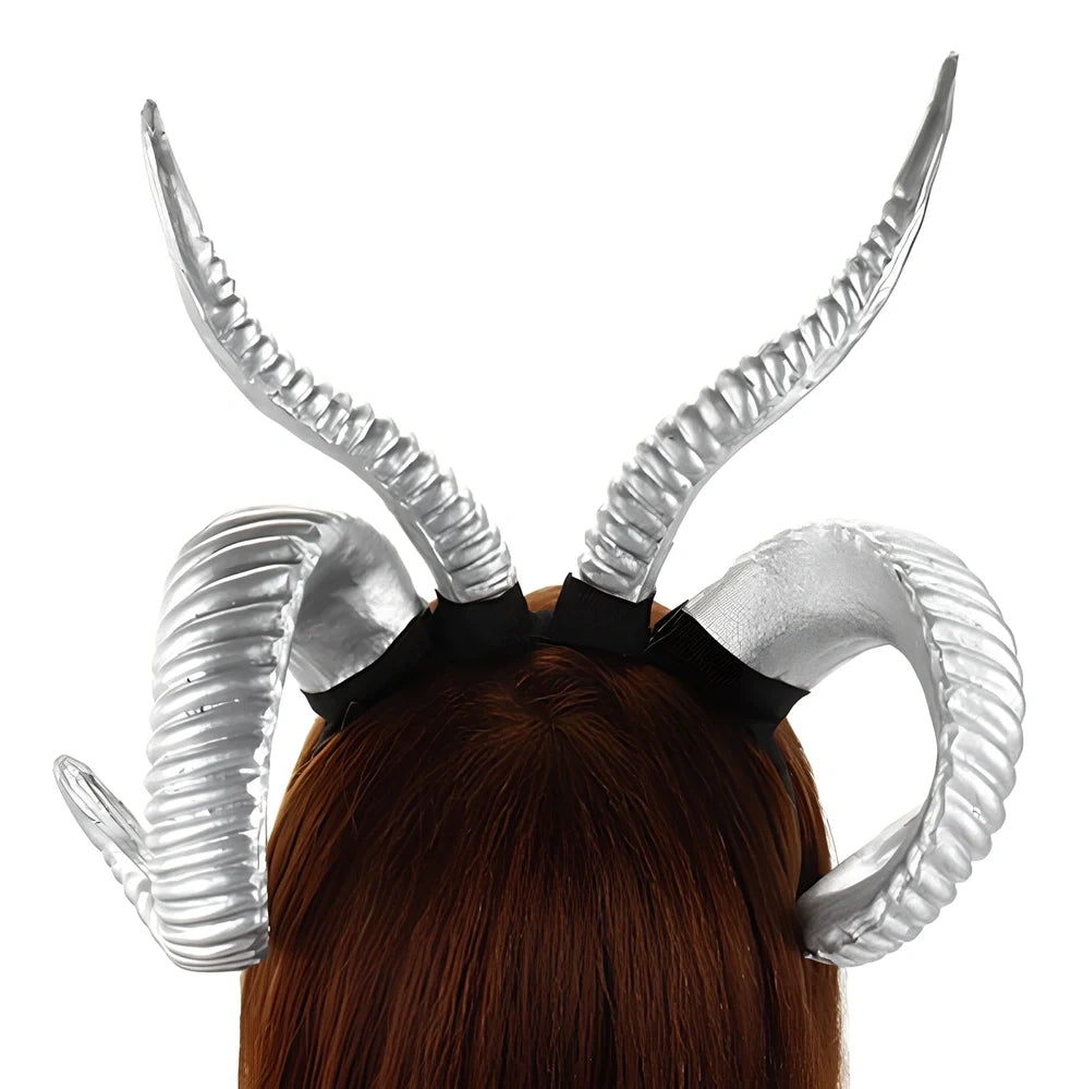 U-shaped simulation sheep horn headdress in black plastic-resin with plaid pattern, 15cm height for festivals