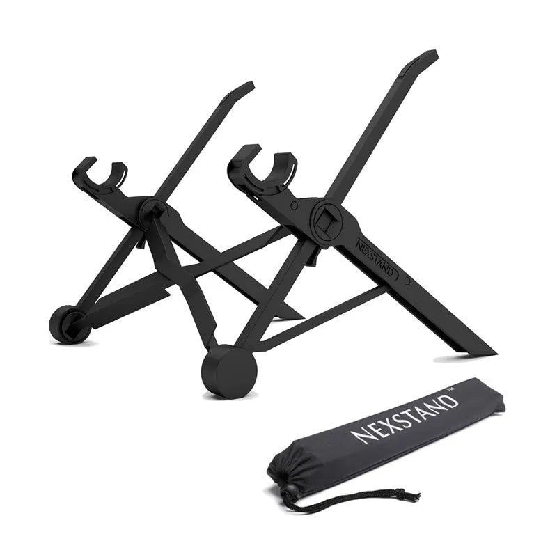 Sagacious black portable folding laptop bracket shown open and closed with its carrying case.