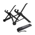 Sagacious black portable folding laptop bracket shown open and closed with its carrying case.