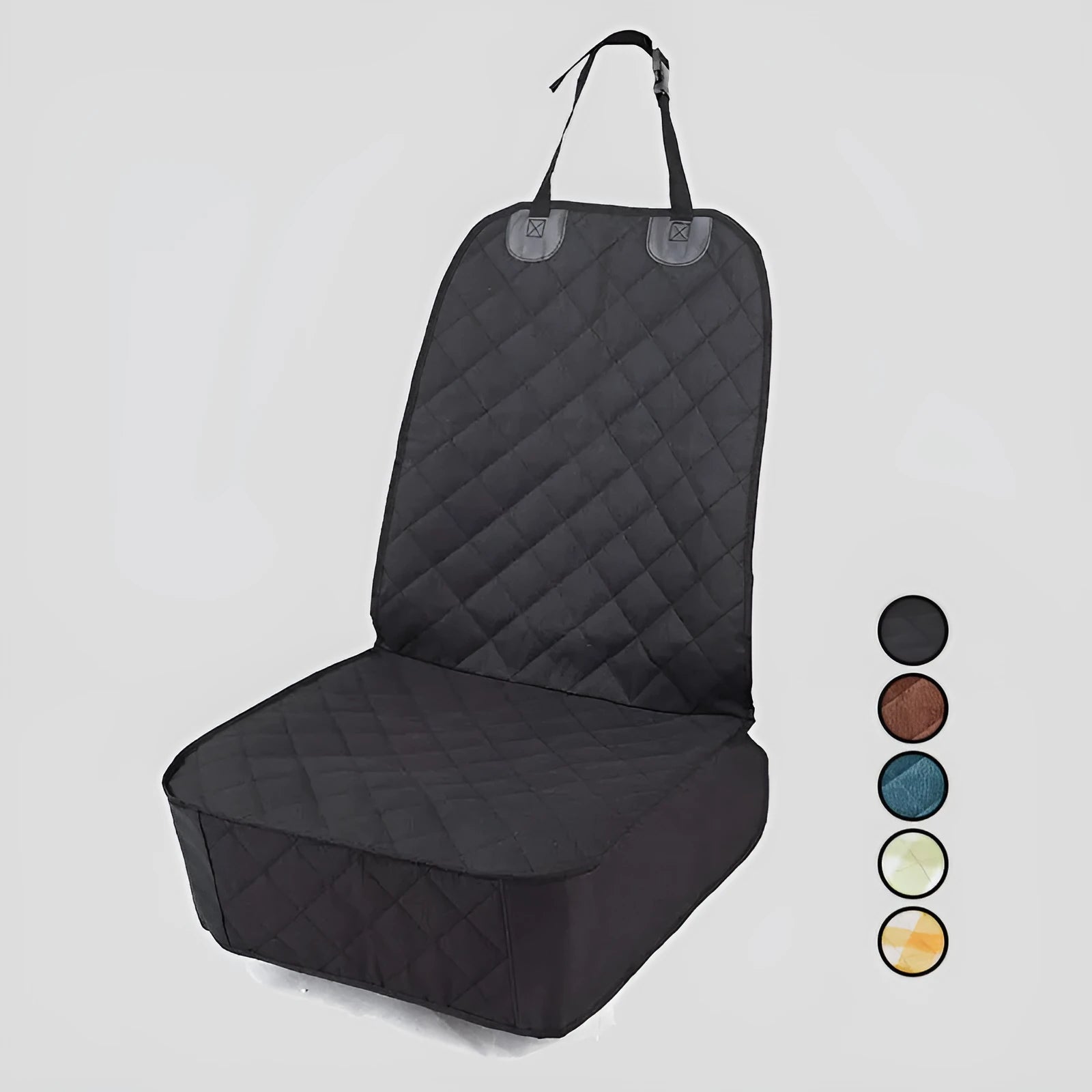 Oxford cloth pet car cushion in black on a co-pilot car seat with a dog sitting on it