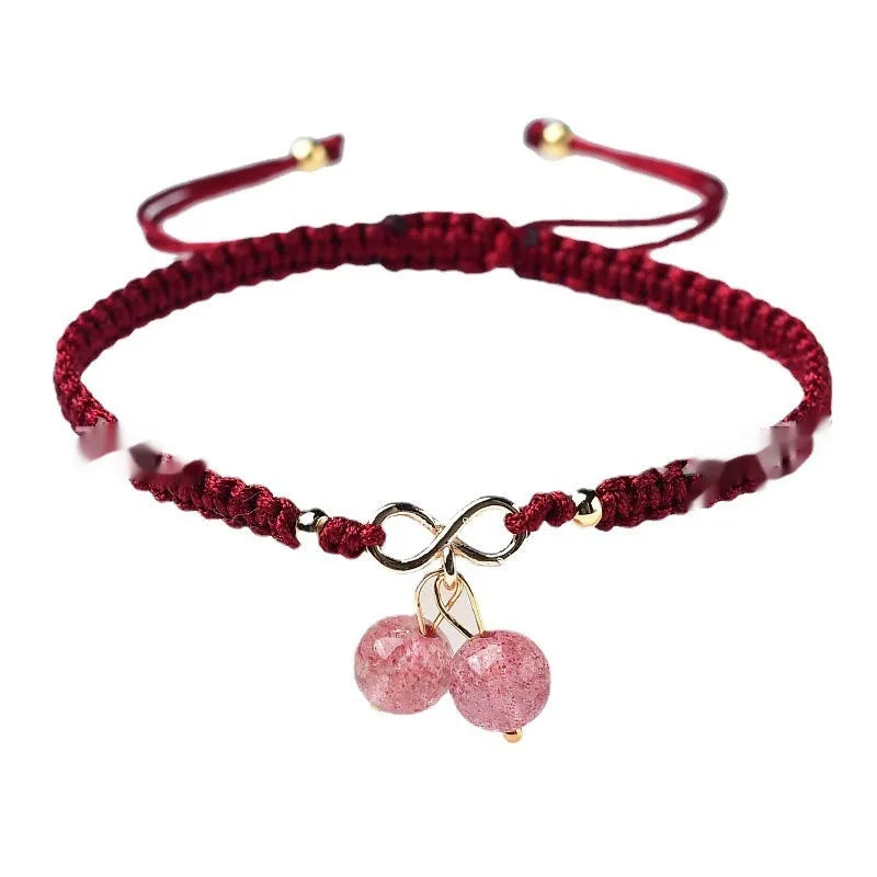 Natural strawberry quartz cherry bracelet for women with crystal beads and adjustable closure