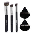 3-piece wooden handle makeup brush set with triangle powder puff in apricot and black colours