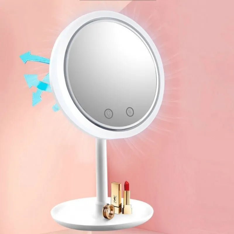White foldable fan LED light makeup mirror on a desk with adjustable lights