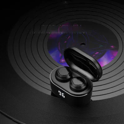 Black over-ear stereo Bluetooth headset with earplug design.