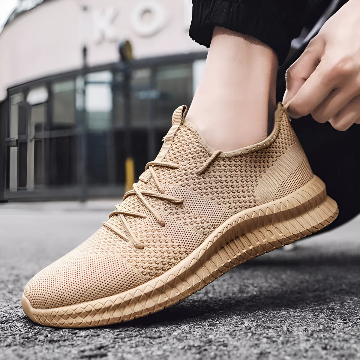 Men's non slip walking sneakers with breathable mesh upper, lace-up closure, and EVA sole in black