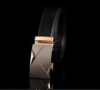 Men's automatic buckle leather belt with gold buckle head, 3.55cm width