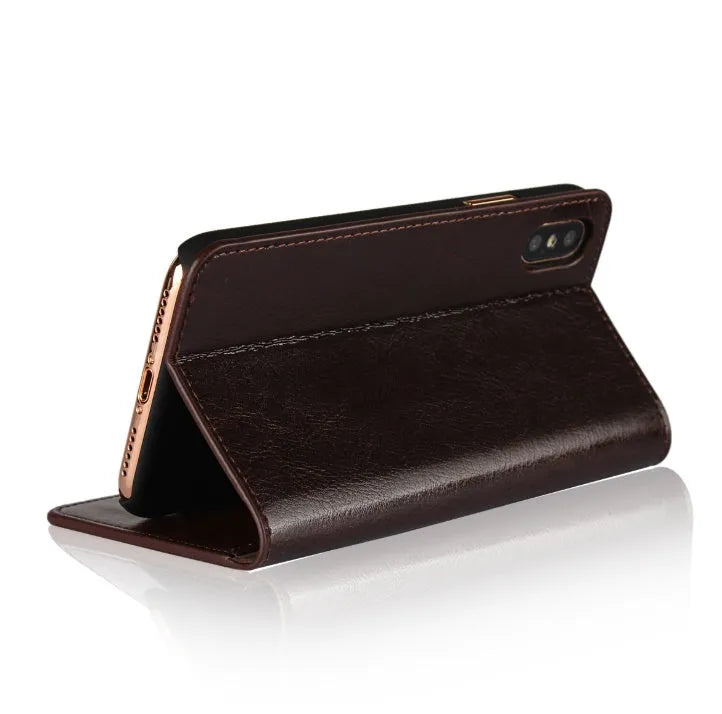 Genuine leather flip wallet case for iPhone XR with crazy horse pattern in brown colour, showing card slots