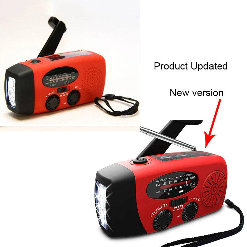 Red solar hand crank USB charging radio flashlight with AM/FM radio and LED light