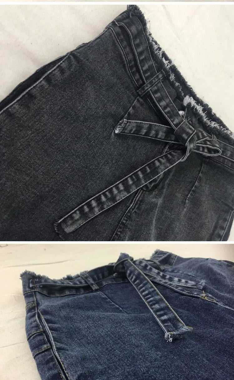 Women's fringed jeans in cowboy denim showing raw hem detail, available in grey, dark blue, and light blue.