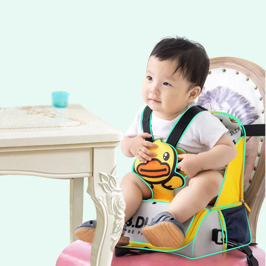 Multifunctional baby bag with portable child dining chair in yellow, animal print design