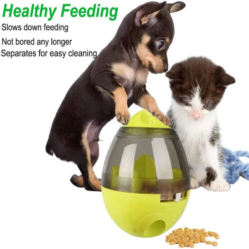 Dog food leaker puzzle toy in blue plastic with compact dimensions for slow feeding