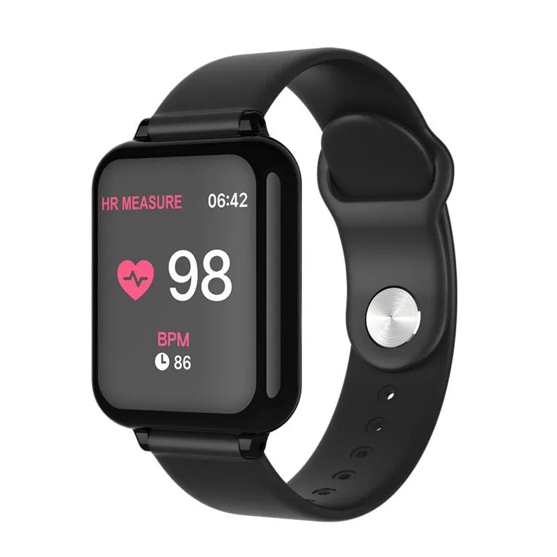B57 colour screen smart sports watch compatible with Apple iPhone, showing heart rate display on 1.3 inch IPS screen, black strap