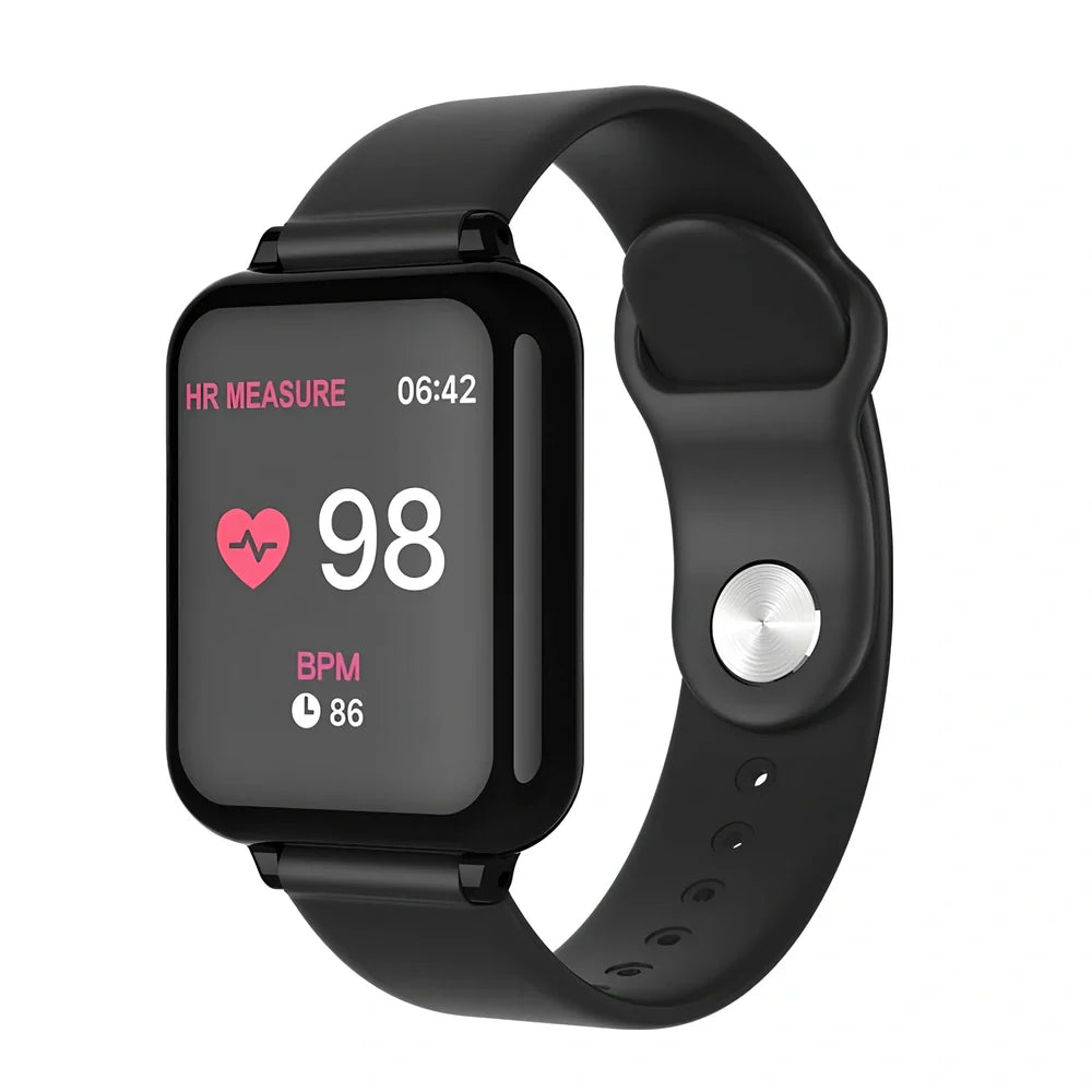 B57 smart sports watch in black with 1.3 inch IPS screen, M/L strap for 150-200mm wrists, health monitoring features