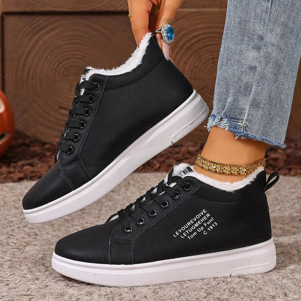 Women's fleece-lined lace-up casual sneakers with round toe, rubber sole, and artificial PU upper in black