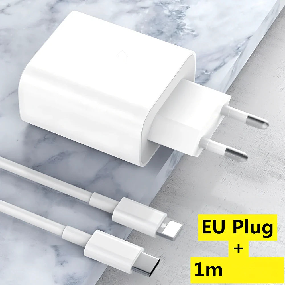 Compact 20W PD charger in UK plug variant, 63x40x22mm size, for fast smartphone charging with safety features