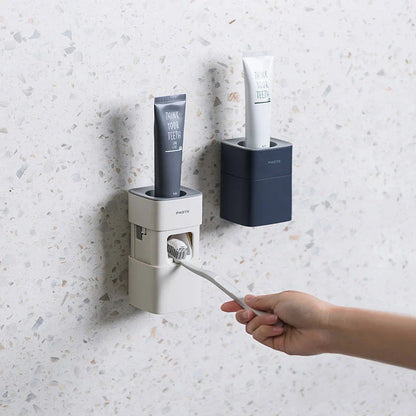 Wall-mounted automatic toothpaste dispenser with self-adhesive, dust-proof design for hands-free convenience