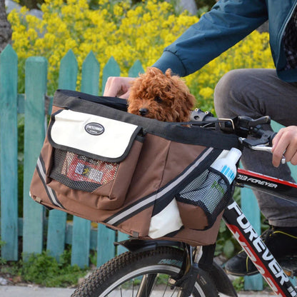 Pet bicycle carrier with removable basket for small cats and dogs, featuring reflective strips