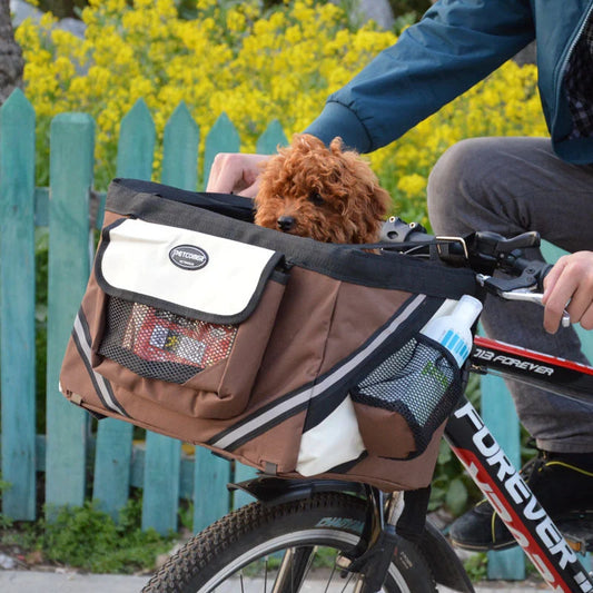 Pet bicycle carrier with removable basket for small cats and dogs, featuring reflective strips