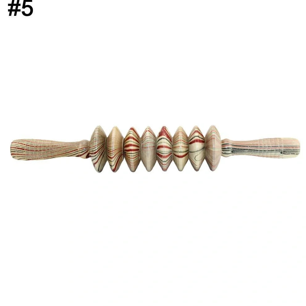 Wooden roller massage stick showing 39 cm length with 18 cm roller section and steel shaft construction