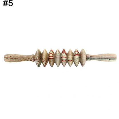Wooden roller massage stick showing 39 cm length with 18 cm roller section and steel shaft construction