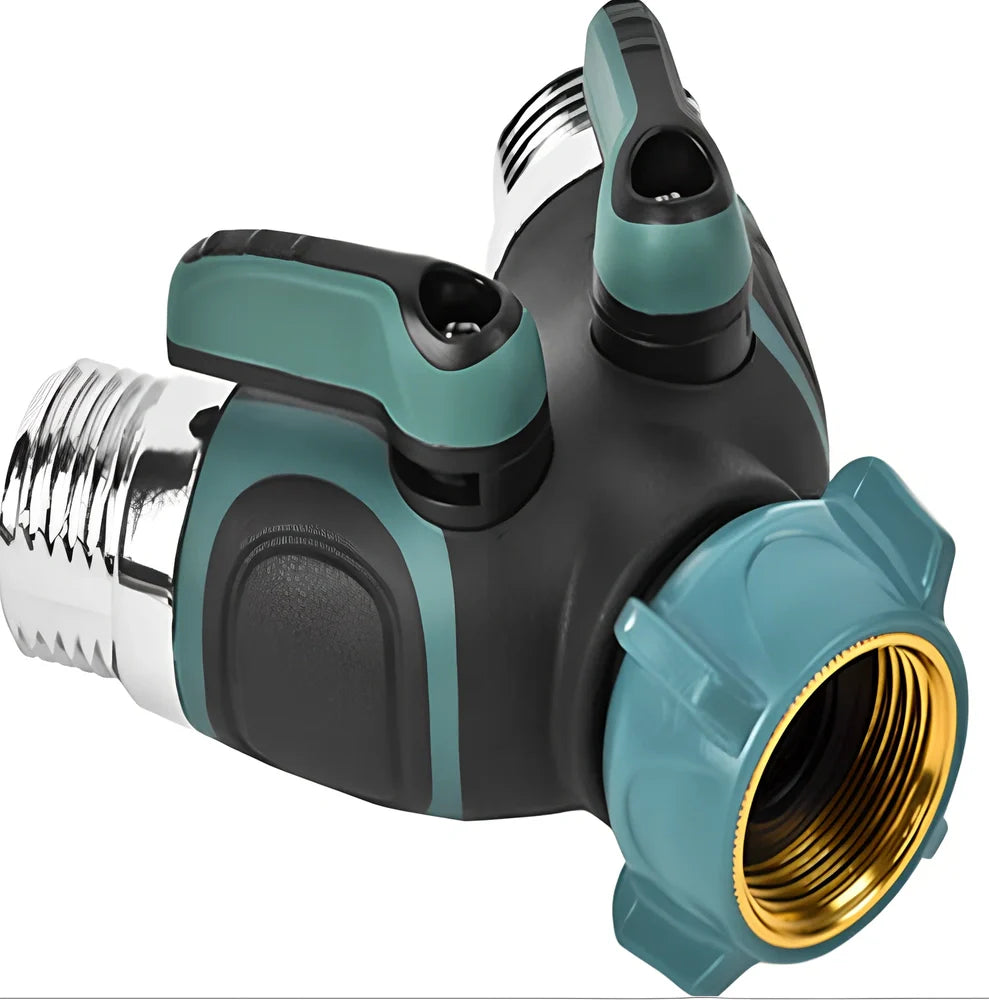 Green Y-type double-pass splitter, 94x91x55mm plastic body with zinc alloy outlets and seals for garden hose connections