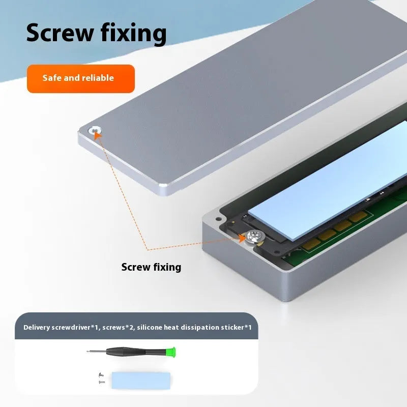 K1701 aluminium M.2 SSD enclosure with Type-C cable, screwdriver, screws, and silicone heat sink