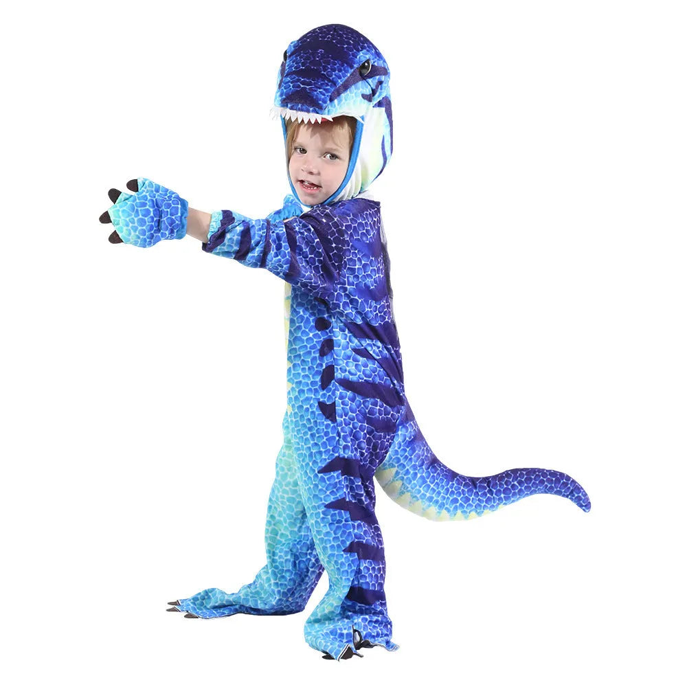 Children's one-piece dinosaur Halloween costume playsuit in green, available in sizes 100cm, 110cm, and 120cm.