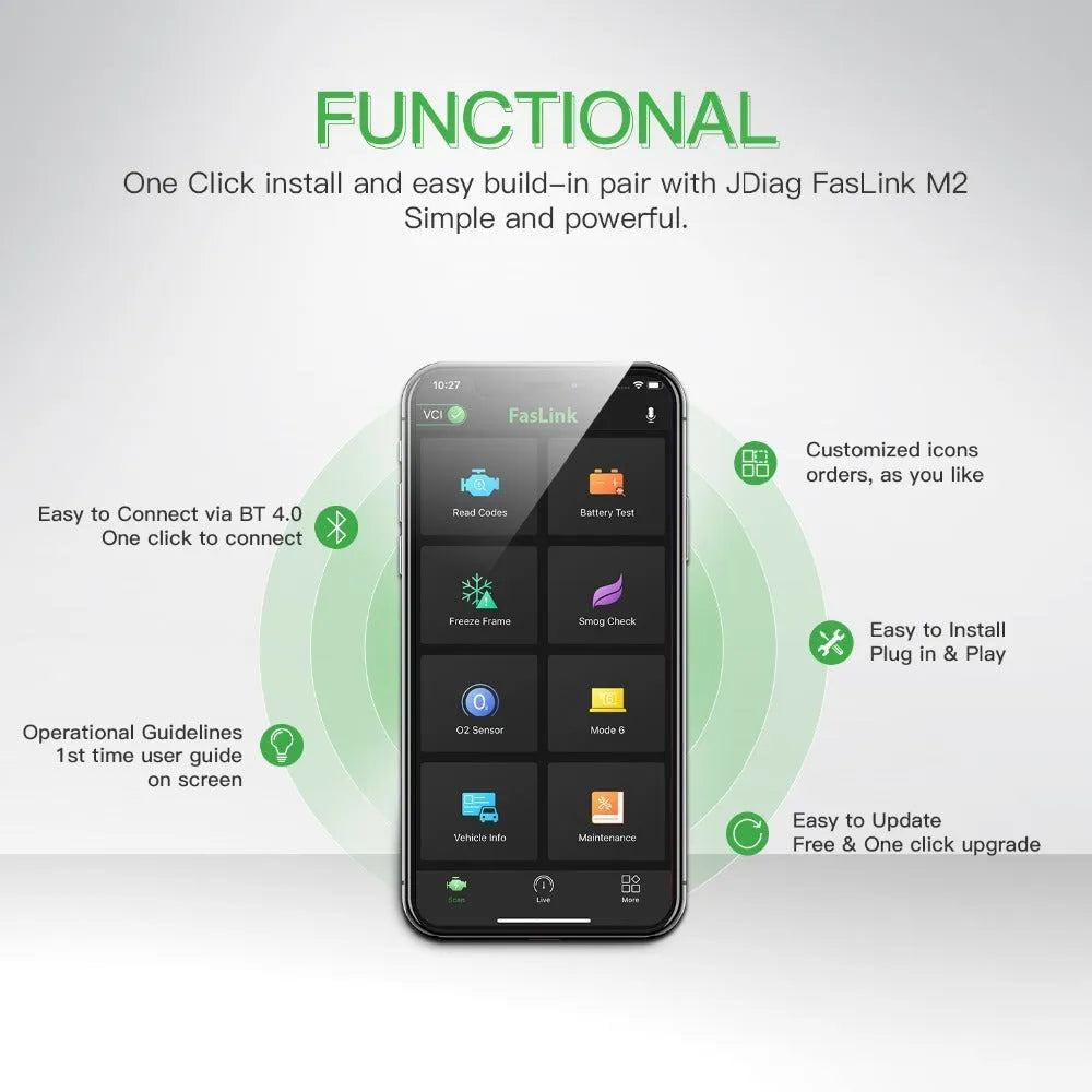 FasLink M2 OBD2 Bluetooth 4.0 voice diagnostic scanner with logo LED indicator and non-slip shell