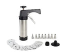 Stainless steel biscuit press gun with assorted cookie moulds and piping nozzles for baking.