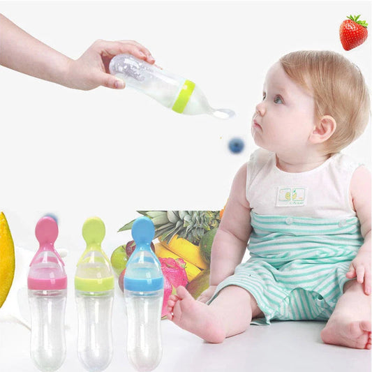 Safe silicone baby feeding spoon bottle in various colors for easy, mess-free toddler feeding