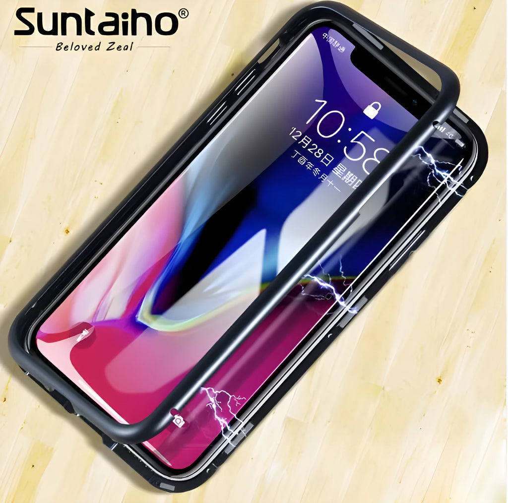 Magnetic adsorption tempered glass back iPhone case showing magnetic attachment and glass back panel