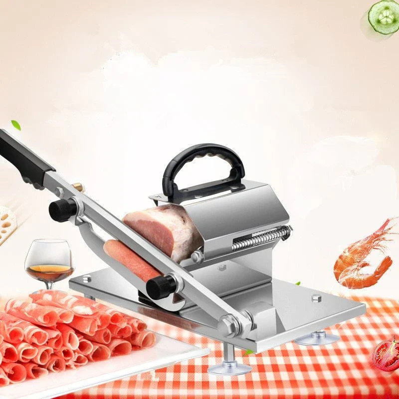 Manual Spring Meat Cutting Machine with stainless steel body and adjustable slice thickness