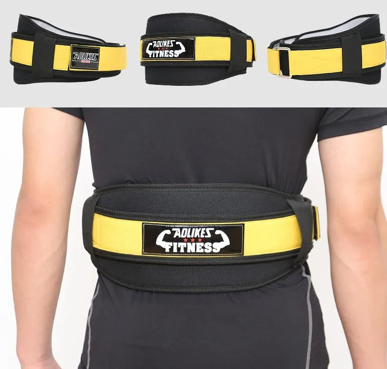 Nylon fitness weightlifting waistband for adults in black, red, or yellow colours, available in L, M, and XL sizes.
