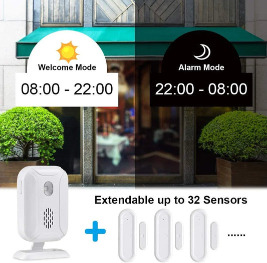 Wireless security door chime with 280-metre range, 5 modes, and adjustable alarm and lighting features