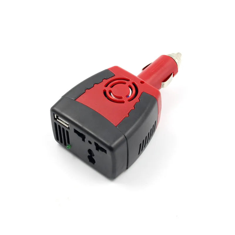 Black and red 150W car power inverter with AC outlets and USB port