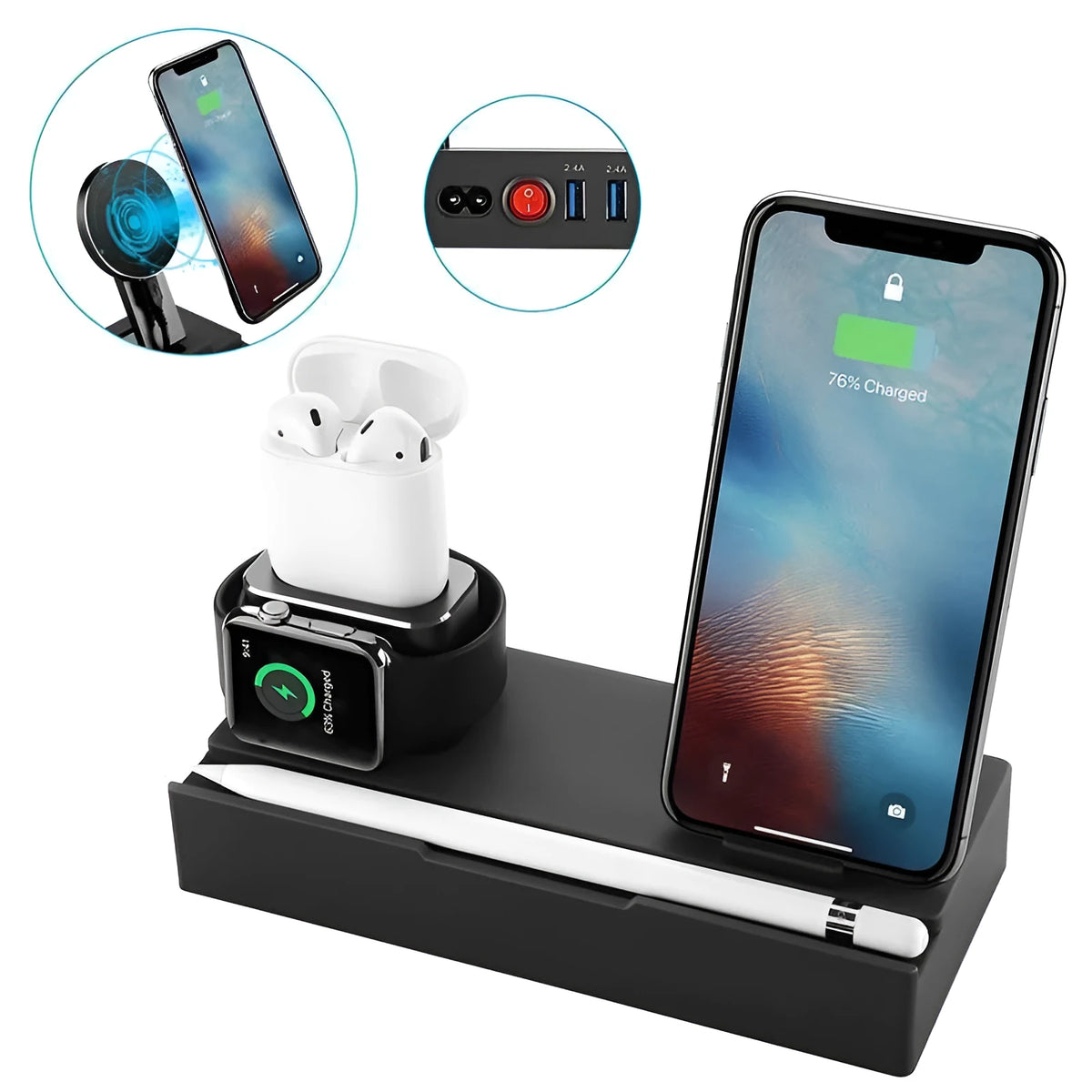 Eight in one wireless charging bracket black with 5 USB ports and wireless charging pad, ABS+PC fireproof material, compact size