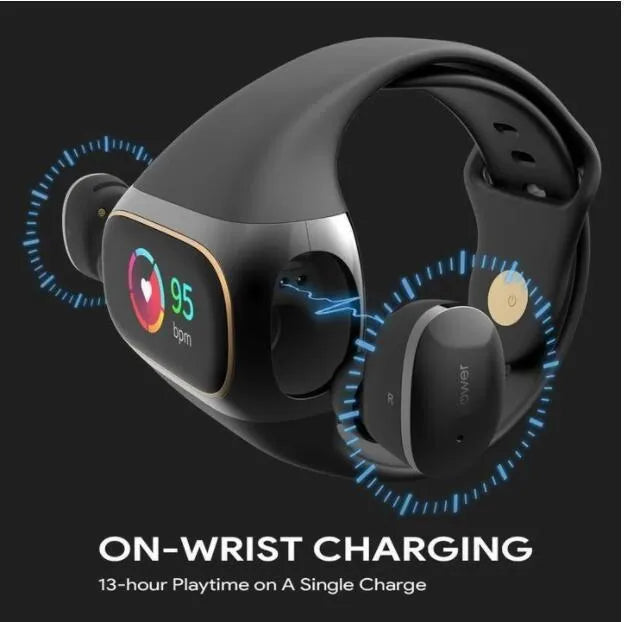 2 in 1 wireless earphone bracelet with silicone wristband in black, showing touch control and charging port