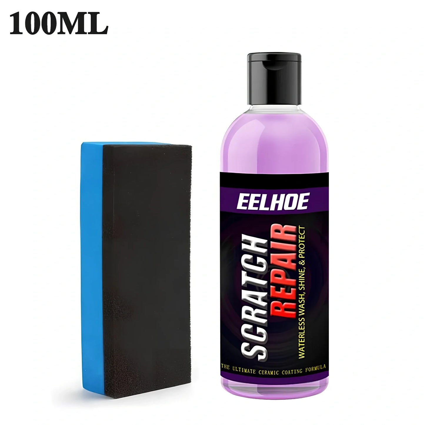 Blue bottle of 100ml car scratch repair fluid spraying on scratched vehicle panel, showing shine restoration