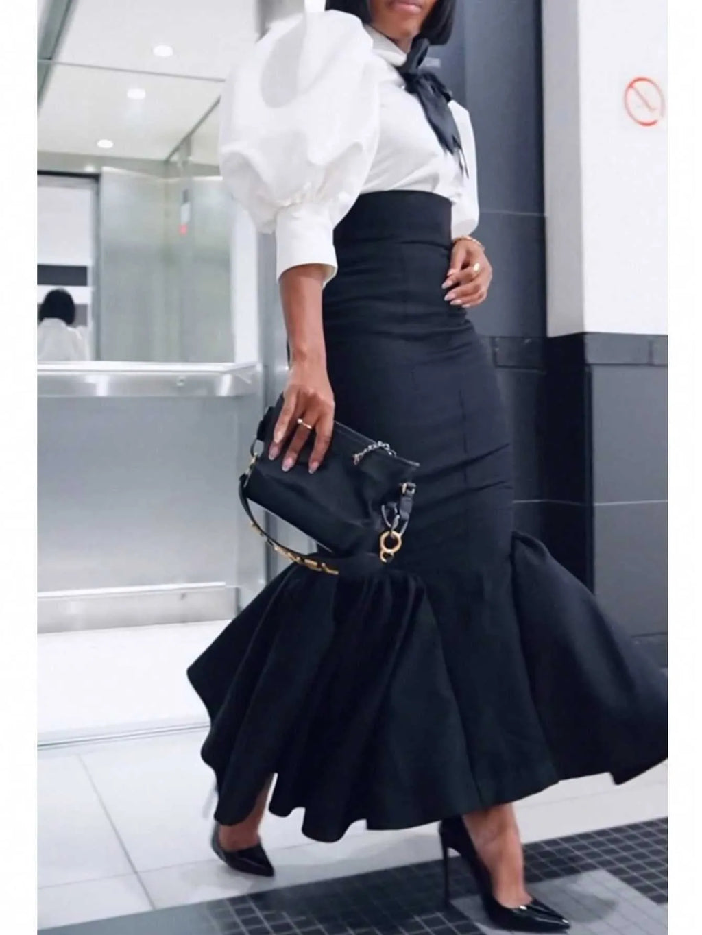 Black sheath long fishtail skirt for women with micro elastic polyester fabric
