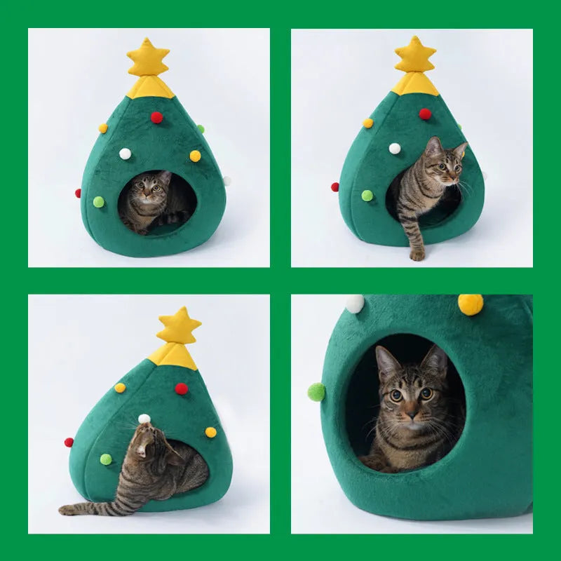 Christmas tree-shaped pet cave bed with plush fabric in three size options for cats and small dogs